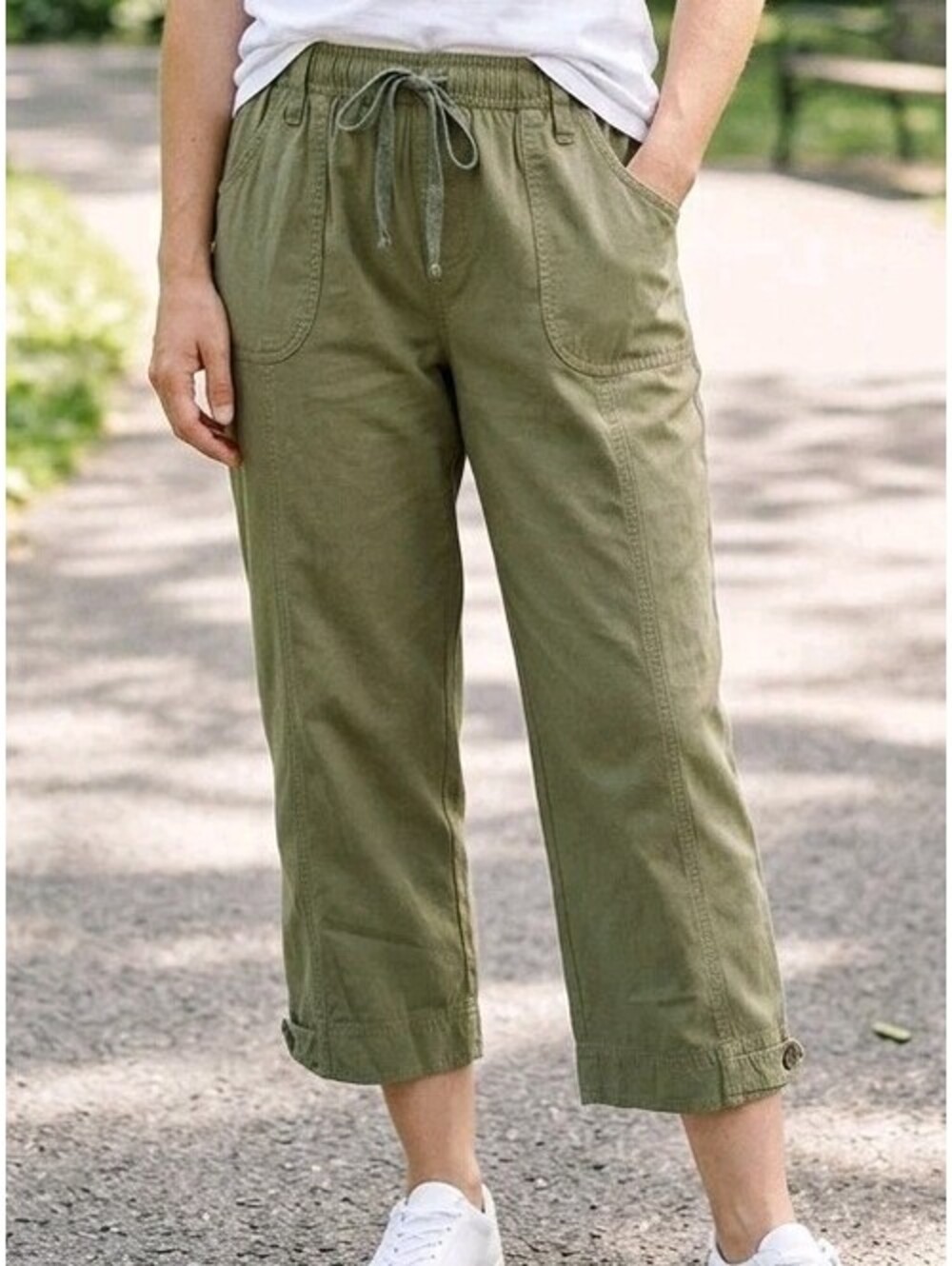 Gloria Vanderbilt Casuals Olive Green Capri Crop Pants Womens Medium Drawstring
